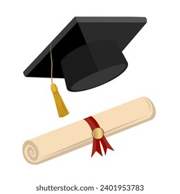 Graduation cap and diploma isolated on white background. Vector illustration. colored icon