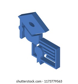 Graduation cap and diploma isometric left top view 3D icon