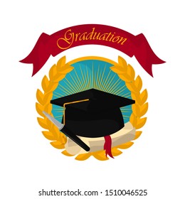 Graduation cap with a diploma in a laurel wreath label. Graduation concept - Vector