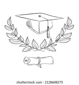 Graduation cap with diploma, laurel wreath and branch vector illustration isolated on white background.Hand drawn in sketch style square graduation cap,outline symbol