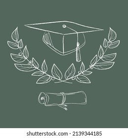 Graduation cap and diploma with a laurel wreath are drawn in a sketch style on a green background. Vector illustration.Education concept