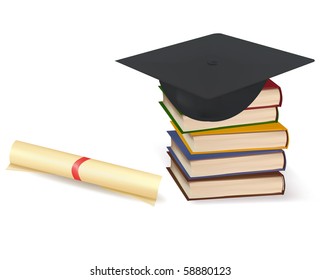 Graduation cap and diploma laying on stacks of books. Vector.