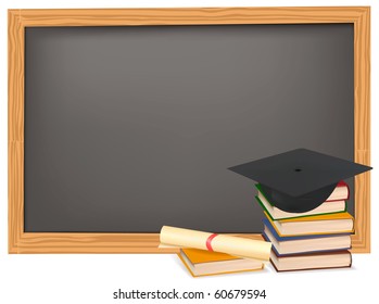 Graduation cap and diploma laying on stacks of books. Vector.