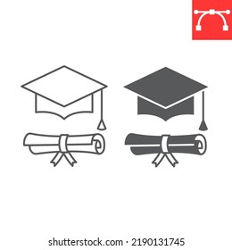 Graduation Cap And Diploma Line And Glyph Icon, School And Education, Graduation Hat Vector Icon, Vector Graphics, Editable Stroke Outline Sign, Eps 10.