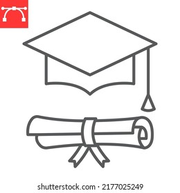 Graduation Cap And Diploma Line Icon, School And Education, Graduation Hat Vector Icon, Vector Graphics, Editable Stroke Outline Sign, Eps 10.