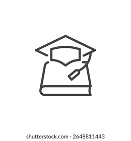 Graduation Cap with Diploma line icon. Outline icon vector showing a graduation hat and certificate scroll. This icon symbol represents academic completion and honor.