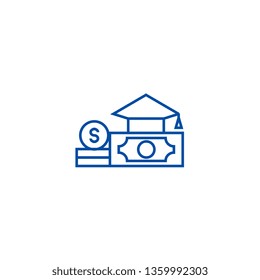 Graduation cap, diploma and mone line icon concept. Graduation cap, diploma and mone flat  vector symbol, sign, outline illustration.