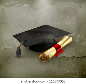 Graduation cap and diploma, old-style vector