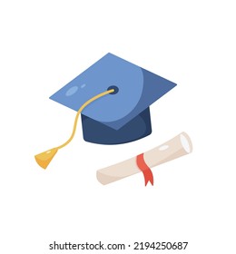  A graduation cap and diploma on isolated white background. Colored vector cartoon flat illustration