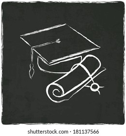 Graduation Cap And Diploma On Old Background - Vector Illustration