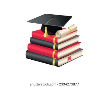 Límite de graduación con un diploma sobre un montón de libros de fondo blanco.