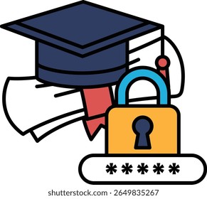 A graduation cap and diploma are on top of a lock. The lock is open and the diploma is on the left side of the lock