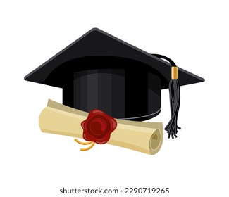 Graduation cap and diploma on a white background. Education concept. Illustration, icon, vector