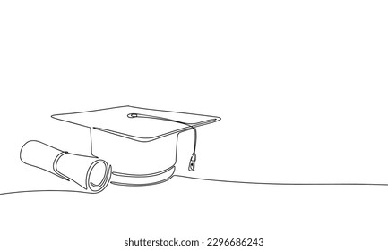 Graduation cap and diploma one line continuous illustration. Line art graduation education vector.
