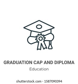 Graduation cap and diploma outline vector icon. Thin line black graduation cap and diploma icon, flat vector simple element illustration from editable education concept isolated on white background