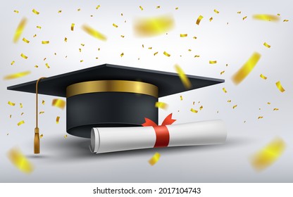 Graduation cap with diploma paper and falling gold confetti. Vector Illustration