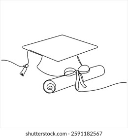 Graduation Cap and Diploma Paper single line continuous line art  vector illustration