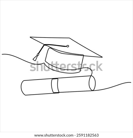 Graduation Cap and Diploma Paper single line continuous line art  vector illustration