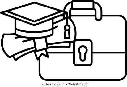 Um teto de graduação e um diploma são colocados em cima de uma pasta. A pasta é preta e tem um buraco de fechadura