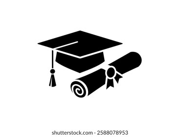 Graduation cap and diploma rolled scroll flat design icon. Finish education symbol. Graduate hat and scroll vector illustration isolated on white. Graduation icon