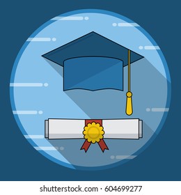 Graduation cap and diploma rolled scroll icon with long shadow. Vector illustration in flat style
