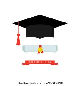 Graduation Cap And Diploma Rolled Scroll Flat Design Icon. Finish Education Symbol.  Graduate Hat And Scroll Vector Illustration Isolated On White. Graduation Icon