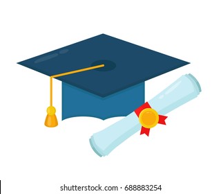 Graduation cap and diploma rolled scroll. Vector flat cartoon illustration character icon.Isolated on white background. Finish education, Graduate hat and scroll. student concept