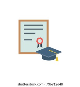 Graduation cap and diploma rolled scroll flat design icon. Finish education symbol. Graduational day celebration element. Graduate hat and scroll vector illustration isolated on white background.