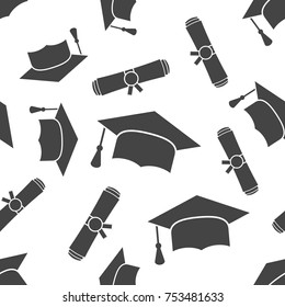 Graduation cap and diploma rolled scroll seamless pattern background icon. Business flat vector illustration. Finish education sign symbol pattern.