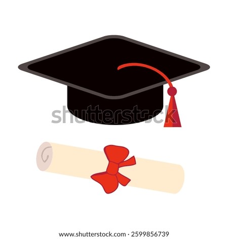 Graduation cap and diploma rolled scroll vector illustration. Hand drawn finish education symbol for decor and design. 