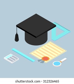 graduation cap, diploma, school accessories certificate colorful flat style vector illustration