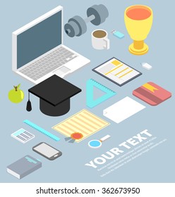graduation cap, diploma, school accessories certificate colorful flat style vector illustration