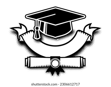 Graduation cap and diploma scroll with avarde ribbon for you text template. Vector on transparent background