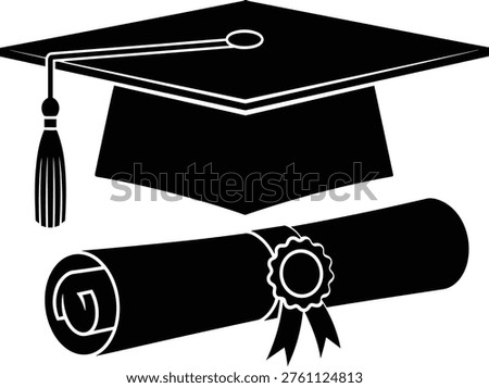 Graduation cap and diploma scroll, black academic mortarboard icon, university education degree, flat vector symbol, success celebration ceremony