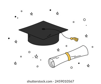 Graduation cap and diploma scroll doodles vector set. Illustrations of isolated outline square academic cap, mortarboard, graduate certificate. High school, college, academy graduation symbols.