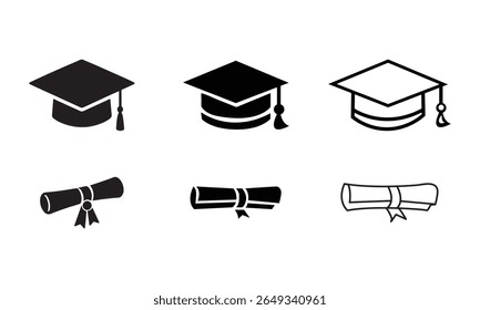 Graduation cap and diploma scroll doodles vector set. High school, college, academy graduation symbols. Vector illustration