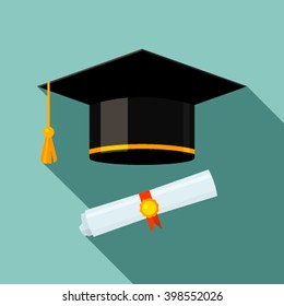 Graduation cap and diploma scroll flat icon design with long shadow. flat vector illustrations isolate 