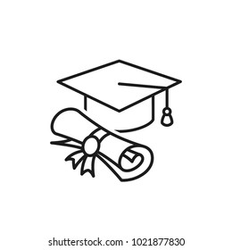 Graduation cap and diploma scroll, icon, line sign, vector illustration eps10