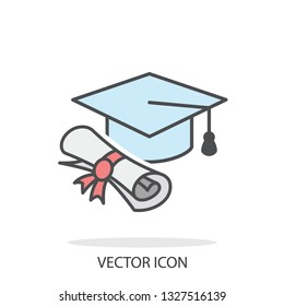 Graduation cap and diploma scroll, icon, line sign, vector illustration eps10