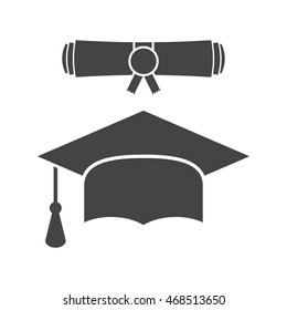 Graduation cap and diploma scroll icon vector illustration in flat style.