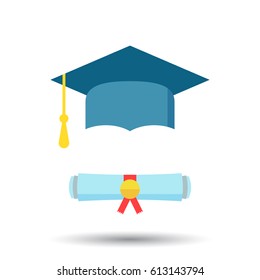 Graduation cap and diploma scroll icon vector illustration in flat style. Finish education symbol. Celebration element. Colorful graduation cap with diploma on white background.