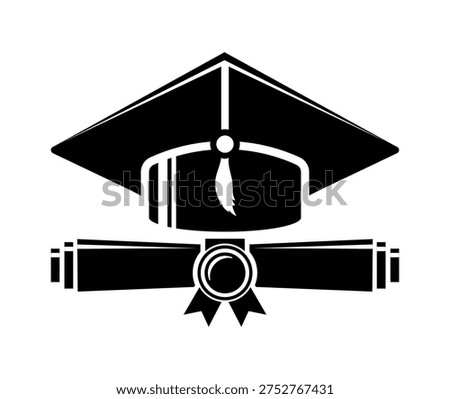 Graduation cap and diploma scroll icon. Vector on transparent background