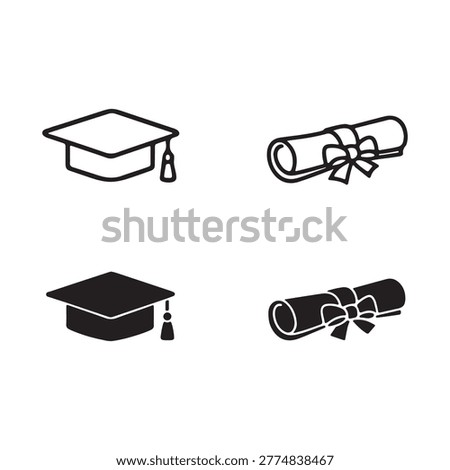 Graduation cap and diploma scroll icons set for academic success and student achievement.