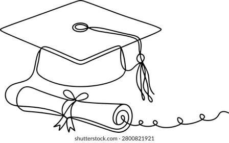 Graduation cap and diploma scroll illustration, educational diploma, hand drawn outline vector illustration.