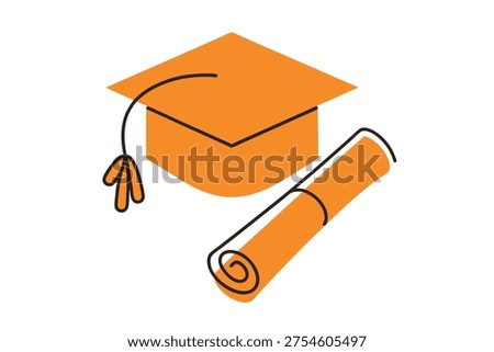 Graduation cap and diploma scroll illustration isolated on white background.