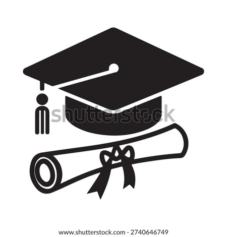 Graduation cap with diploma scroll monochrome vector icon