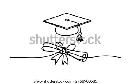 Graduation cap and diploma scroll with ribbon tied around it