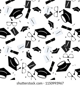 Graduation cap and diploma scroll seamless background. Higher education celebration anniversary symbol pattern. Black and white texture backdrop. Vector outline illustration eps10