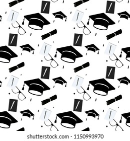 Graduation cap and diploma scroll seamless background. Higher education celebration anniversary symbol pattern. Black and white texture backdrop. Vector outline illustration eps10