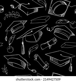 Graduation cap and diploma scroll seamless backdrop. Higher education celebration symbol pattern. Academic caps sketch on black background,seamless pattern.Outline vector illustration
